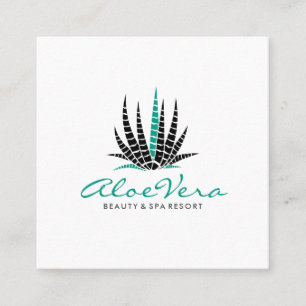 Minimalistic White & Teal Aloe Vera Illustration Square Business Card