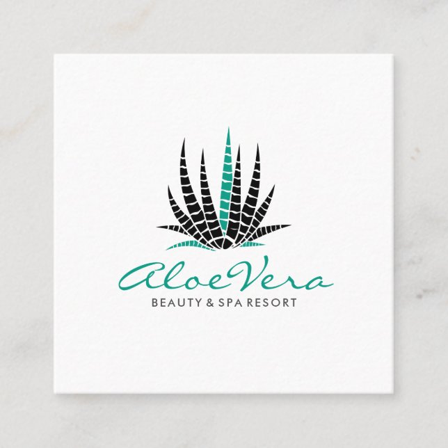 Minimalistic White & Teal Aloe Vera Illustration Square Business Card (Front)