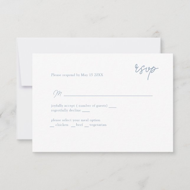 Minimally scripted dusty blue RSVP (Front)