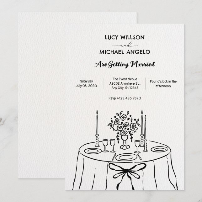 Minimlaist hand drawn dinner table wedding  invitation (Front/Back)