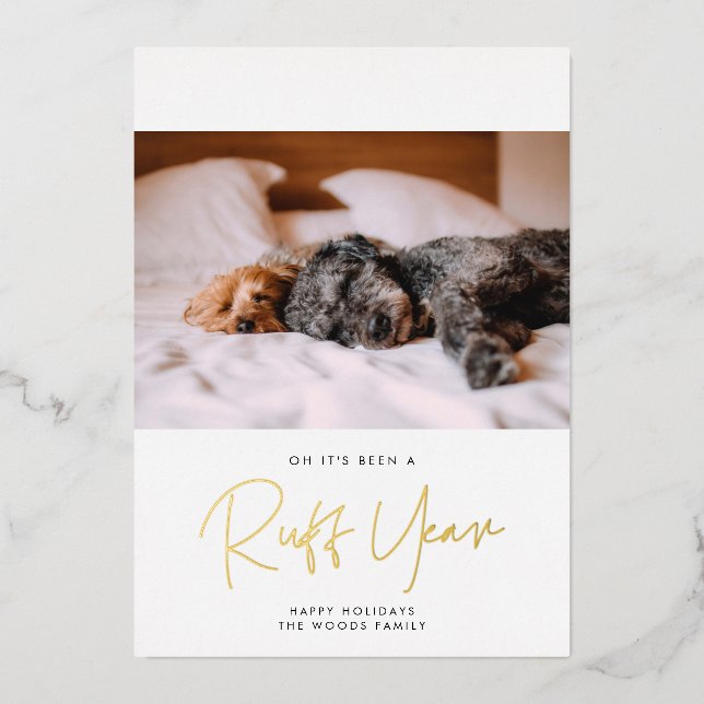 Mininimalist Ruff Year Dog photo Foil Holiday Card (Front)
