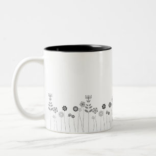 Mininmalist Black And White Floral Pattern Two-Tone Coffee Mug