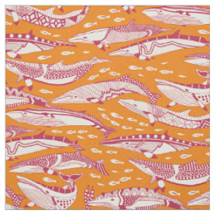 minke whales viva magenta satsuma orange fabric