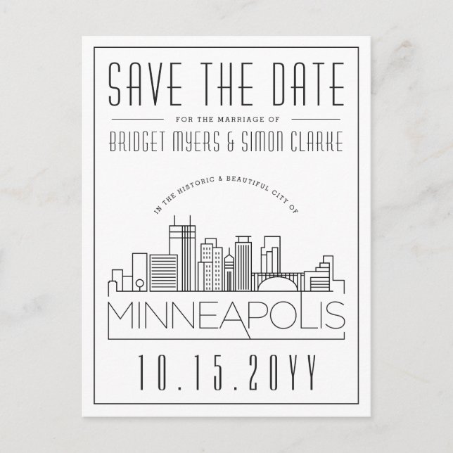 Minneapol Wedding | Stylized Skyline Save the Date Postcard (Front)