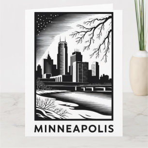 Minneapolis Minnesota Skyline Black White Woodcut Card