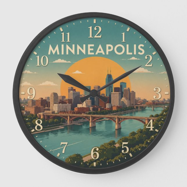 Minneapolis Minnesota Skyline Mississippi River  Large Clock (Front)