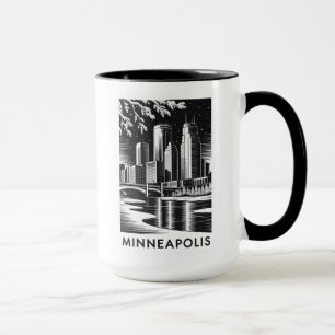 Minneapolis Skyline Black and White Woodcut Winter Mug