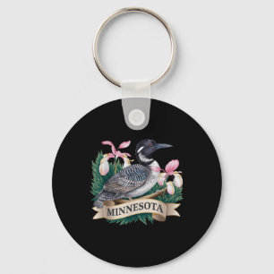 Minnesota Common Loon Bird And Ladys Slippers Flow Keychain