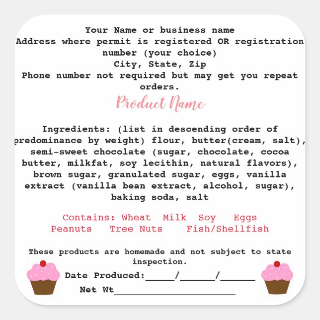 Minnesota Cottage Food Law Label home bakery (Front)