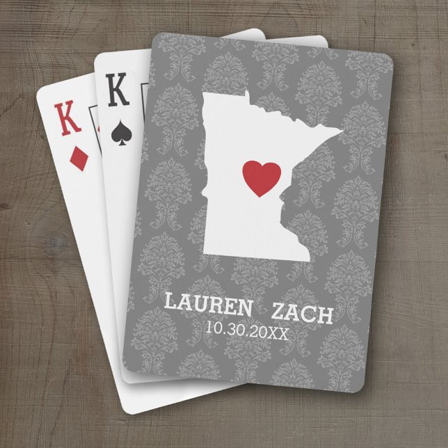 Minnesota Home State City Map - Custom Wedding Playing Cards (Personalized Playing Cards with a State Map, Movable Heart and Name)