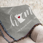 Minnesota Home State Personalized Throw Blanket<br><div class="desc">Show some home state pride with this cute rustic grey throw blanket featuring "home" in white calligraphy script lettering with a silhouette map of the state of Minnesota standing in for the letter "O." A red heart illustration inside the state map completes the design; you can change the position of...</div>