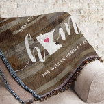 Minnesota Home State Personalized Wood Look Throw Blanket<br><div class="desc">Show some home state pride with this cute rustic faux wood plank throw blanket featuring "home" in white calligraphy script lettering with a silhouette map of the state of Minnesota standing in for the letter "O." A pink heart illustration inside the state map completes the design; you can change the...</div>