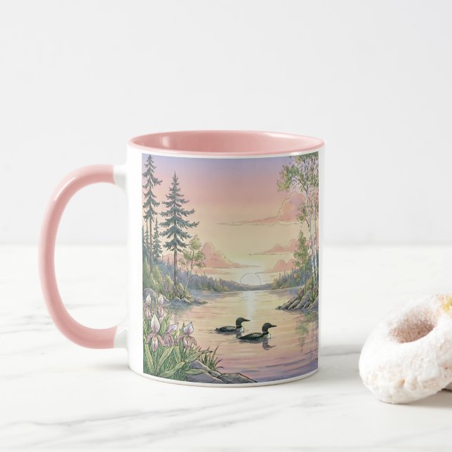 Minnesota Lake Sunset with Loons, Coffee Mug (With Donut)
