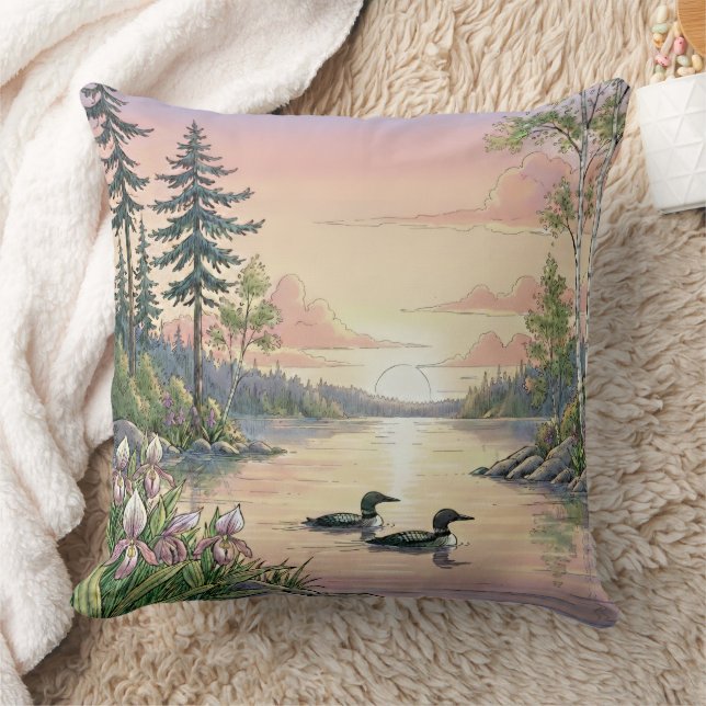 Minnesota Lake Sunset with Loons, Throw Pillow (Blanket)