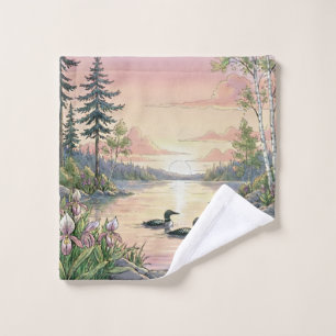 Minnesota Lake Sunset with Loons, Wash Cloth/Towel Cloth
