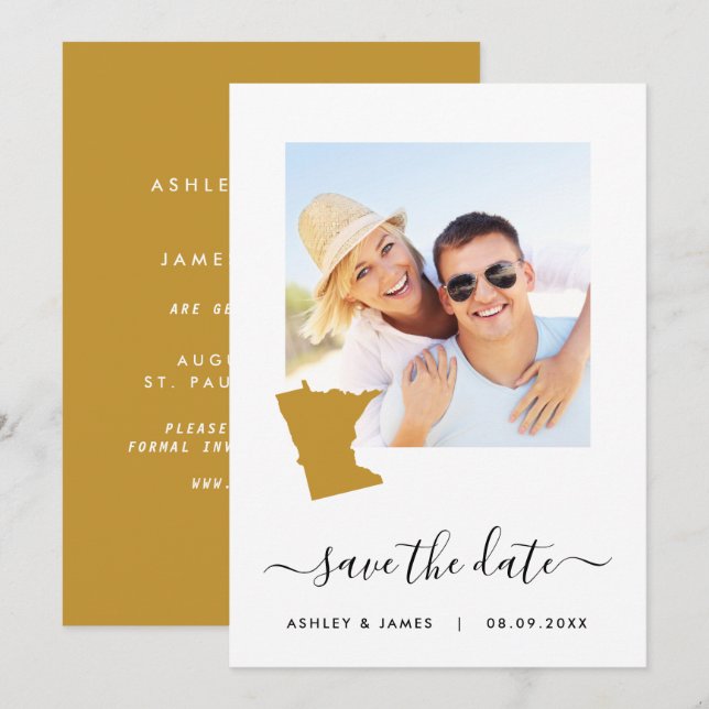 Minnesota Map Photo Wedding Save the Date Card (Front/Back)