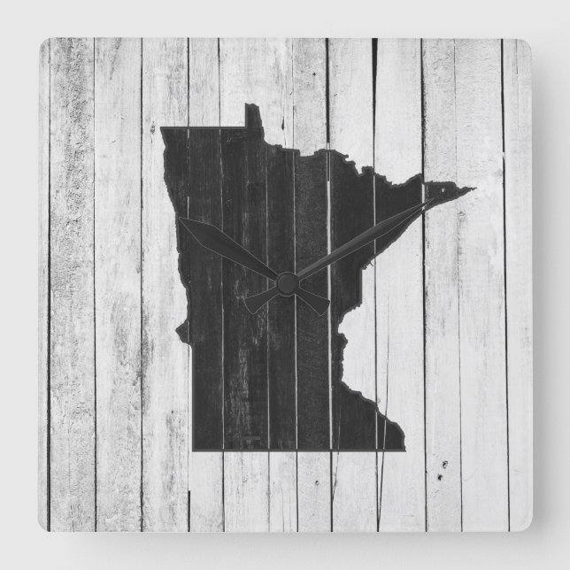 Minnesota Rustic Black and White Wood Panel Farm Square Wall Clock (Front)