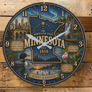Minnesota State  North Star State Lake Wilderness Large Clock