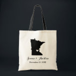 Minnesota Wedding Welcome Tote Bag<br><div class="desc">Welcome out of town wedding guests with a bag full of snacks and treats personalized with the state where you're getting married and the bride and groom's names and wedding date. Click Customize It to move the heart to show any city or location on the state map. Use the design...</div>