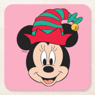 Minnie Mouse   Christmas Elf Hat Square Paper Coaster