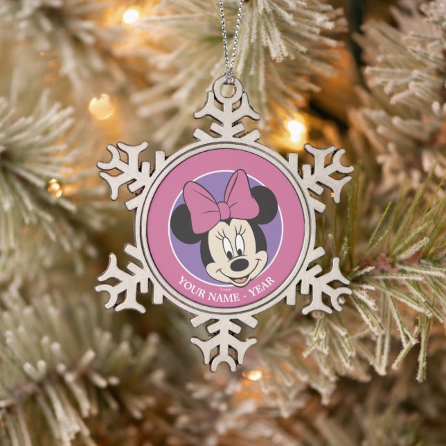 Minnie Mouse | Classic Smiling Add Your Name Snowflake Pewter Christmas Ornament (Tree)