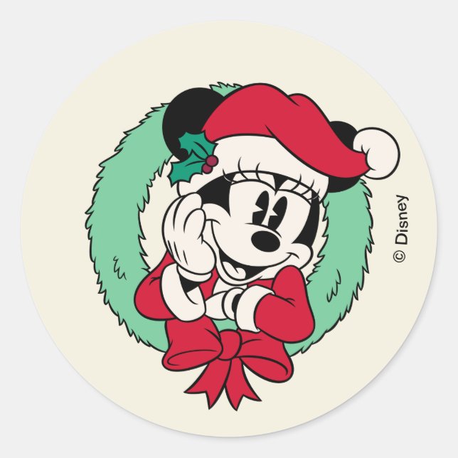 Minnie Mouse | Cute Holiday Wreath Classic Round Sticker (Front)