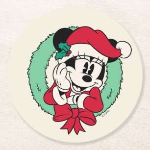 Minnie Mouse Cute Holiday Wreath Round Paper Coaster