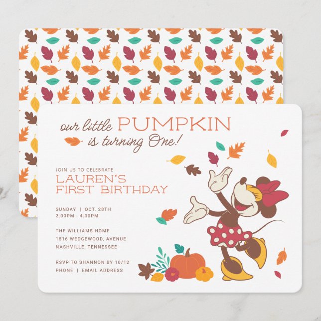 Minnie Mouse Fall Harvest Pumpkin 1st Birthday Invitation (Front/Back)