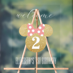 Minnie Mouse   Gold & Pink Birthday Welcome Acrylic Sign