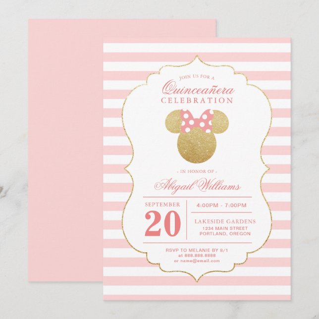 Minnie Mouse | Gold & Pink Quinceañera Celebration Invitation (Front/Back)