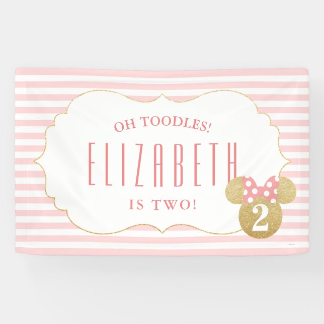 Minnie Mouse | Gold & Pink Striped Birthday Banner (Horizontal)