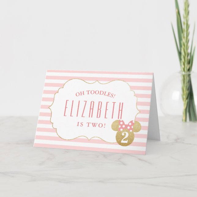 Minnie Mouse | Gold & Pink Striped Birthday Card (Front)