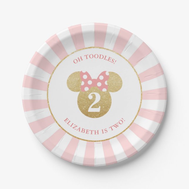 Minnie Mouse | Gold & Pink Striped Birthday Paper Plate (Front)