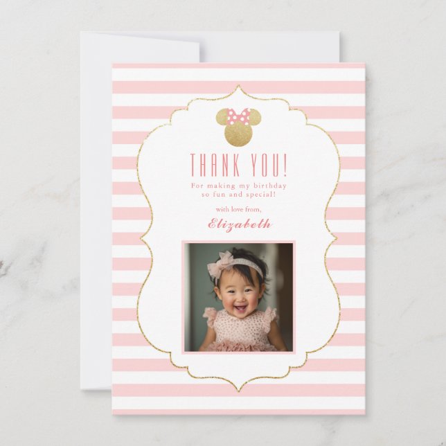 Minnie Mouse | Gold & Pink Striped Birthday Thank You Card (Front)
