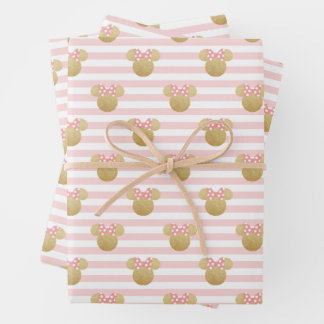 Minnie Mouse | Gold & Pink Striped Birthday Wrapping Paper Sheet