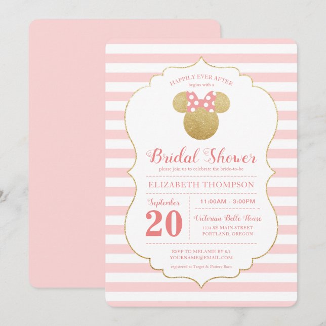 Minnie Mouse Gold & Pink Striped Bridal Shower Invitation (Front/Back)
