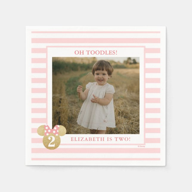 Minnie Mouse | Gold & Pink Striped Photo Birthday Napkin (Front)