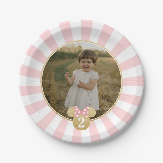 Minnie Mouse | Gold & Pink Striped Photo Birthday Paper Plate (Front)