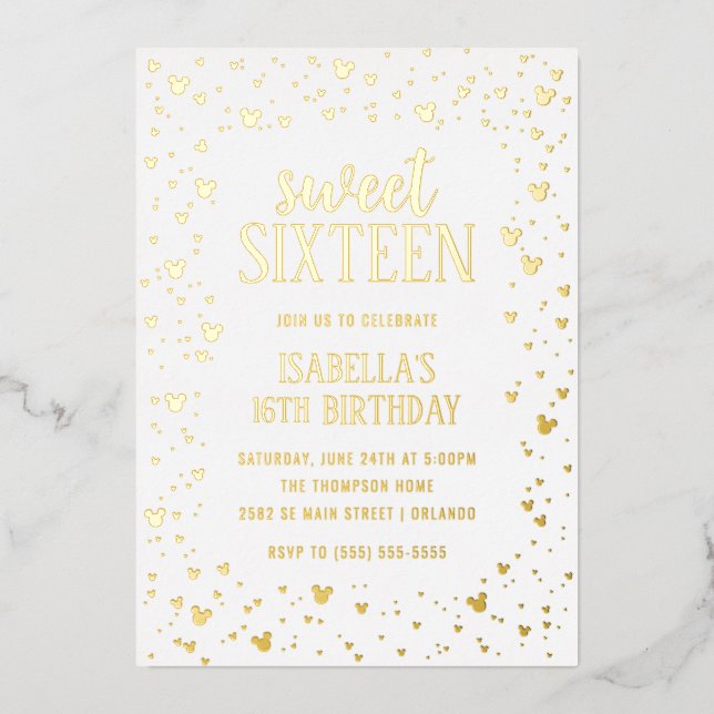 Minnie Mouse Gold Sweet 16 Invitation (Recto)