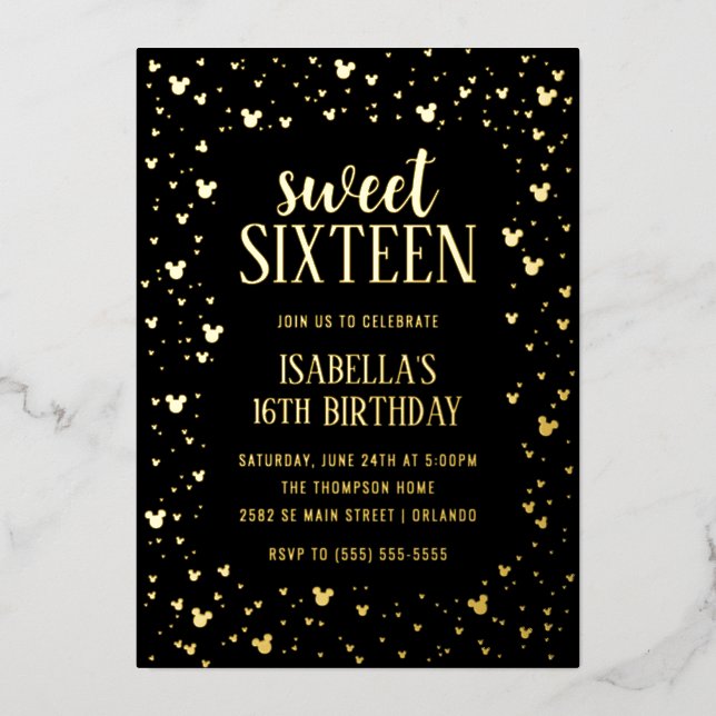 Minnie Mouse Gold Sweet 16 Invitation (Front)