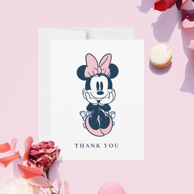 Minnie Mouse Pink & Blue Baby Shower Thank You Card (Card on table)