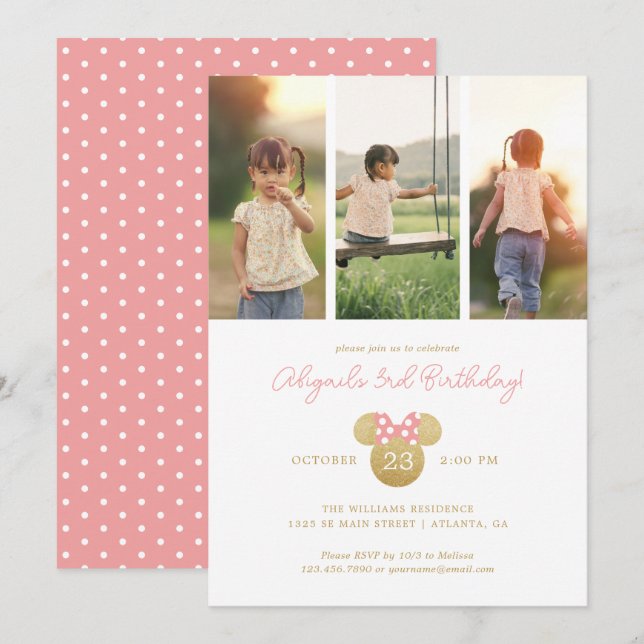 Minnie Mouse Pink & Gold Birthday | Photo Collage Invitation (Front/Back)