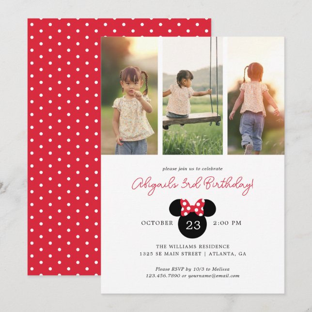 Minnie Mouse Polka Dot Birthday | Photo Collage Invitation (Front/Back)