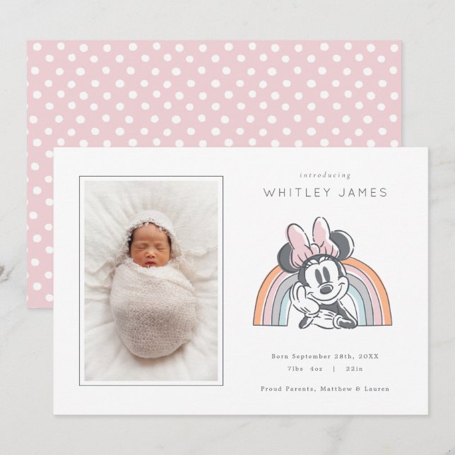 Minnie Mouse Rainbow Baby Girl Birth Announcement (Front/Back)