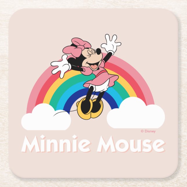 Minnie Mouse | Rainbow & Clouds Square Paper Coaster (Front)