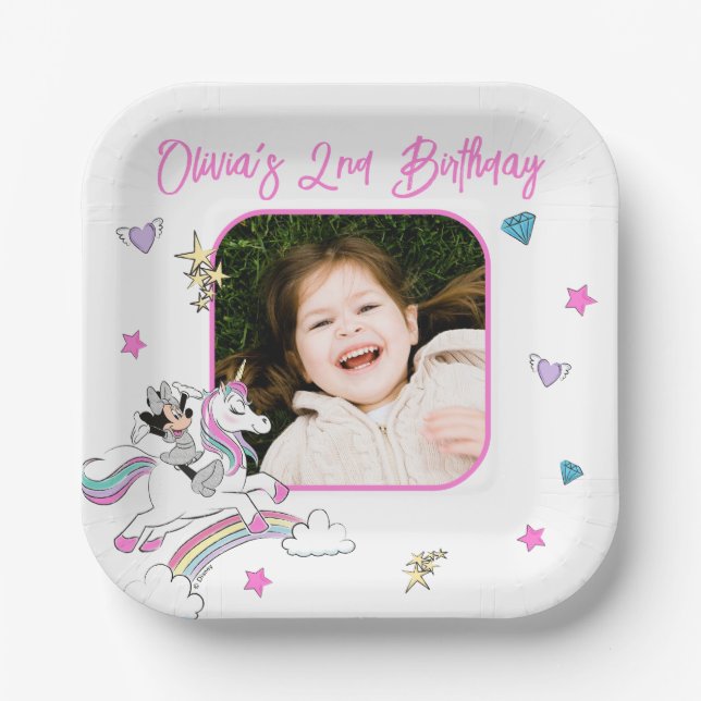 Minnie Mouse | Rainbow Unicorn Girls Birthday Paper Plate (Front)