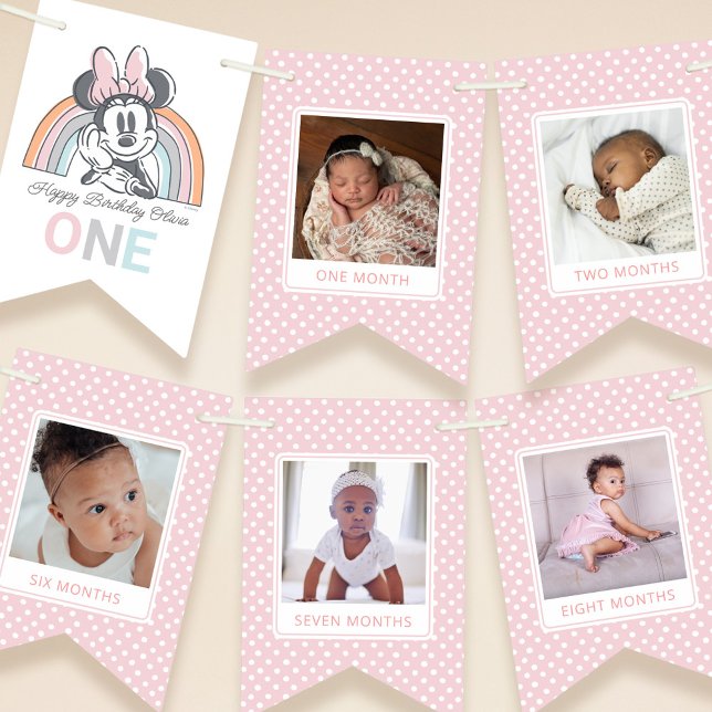 Minnie Mouse Rainbow Watercolor 1st Birthday Bunting Flags (Minnie Mouse One Year Photo Bunting Flags Simulated On Strings)