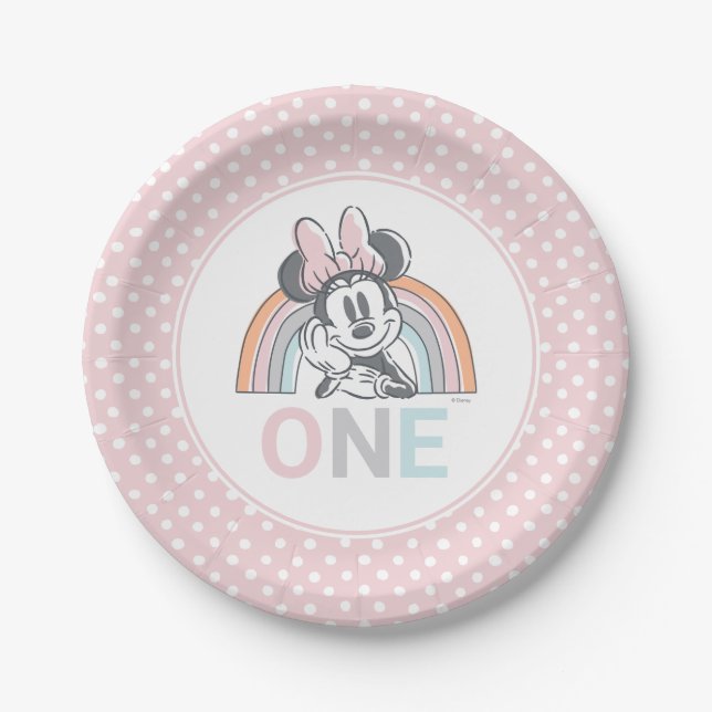 Minnie Mouse Rainbow Watercolor 1st Birthday Paper Plate (Front)
