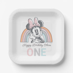 Minnie Mouse Rainbow Watercolor 1st Birthday Paper Plate