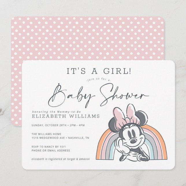 Minnie Mouse Rainbow Watercolor Baby Shower Invitation (Front/Back)